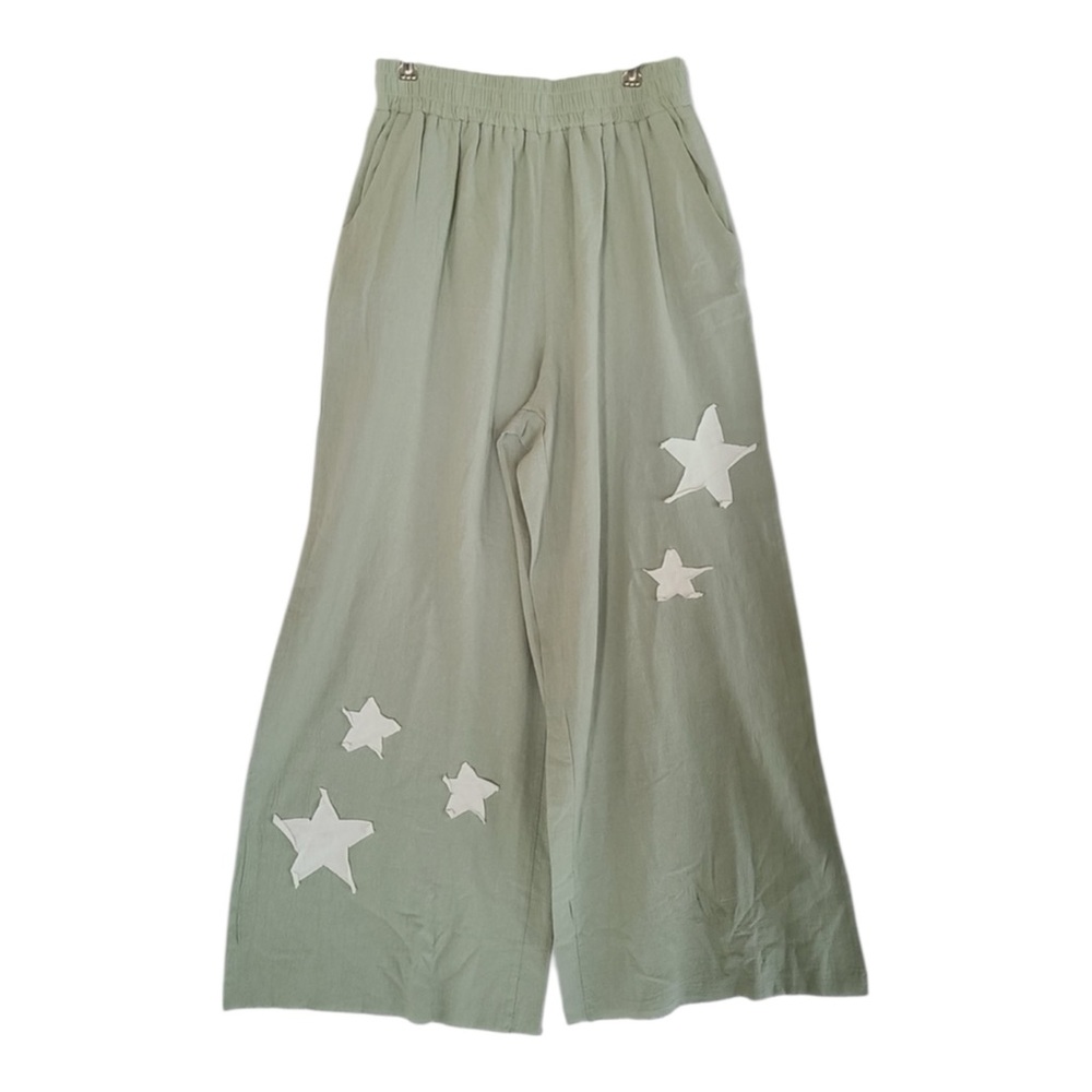 Boho Festival Wide Leg Gauze Pants w/ Star Detail Raw Hem Small